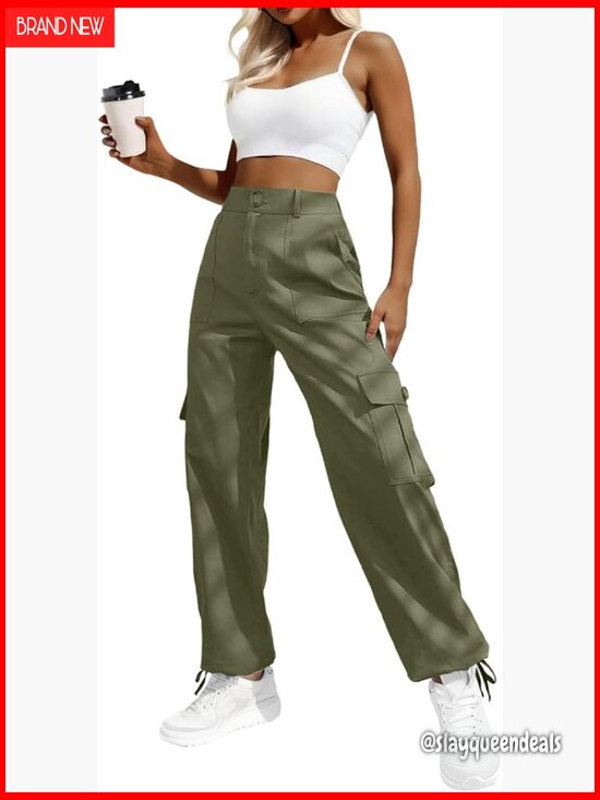 Pants - High Waisted Cargo Pants Y2K Streetwear Baggy Stretchy 6 Pockets Drawstring Cuff